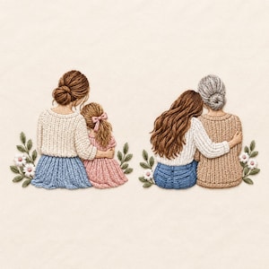 May include: An embroidery art piece featuring two pairs of figures. On the left, a person with a brown bun and white sweater hugs a child in a pink dress. On the right, a person with long brown hair hugs an older person with a gray bun in a tan sweater.