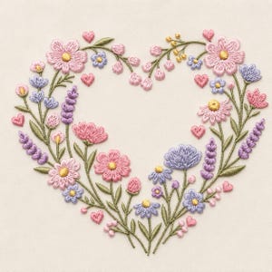 May include: An embroidery design featuring a heart-shaped wreath composed of various flowers and small hearts. The floral arrangement includes pink, lavender, and blue blossoms with yellow centers, accented by green stems and leaves on a cream fabric.