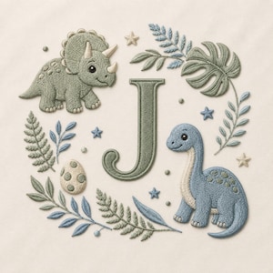 Puede incluir: Un diseño bordado que presenta una letra J grande en verde salvia, rodeada por un triceratops verde salvia, un dinosaurio azul de cuello largo, un huevo moteado, varias hojas de helecho botánicas verdes y azules y pequeñas estrellas sobre tela crema.