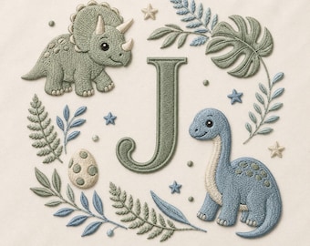 May include: An embroidered design featuring a large letter J in sage green, surrounded by a sage green triceratops, a blue long-necked dinosaur, a spotted egg, various green and blue botanical fern leaves, and small stars on a cream fabric.