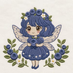 Blåbärsfe broderidesign, kawaii blåbärs-pixie, söt skogsfe barnrumsfantasikonst (digital nedladdning)