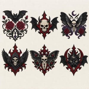 May include: A set of six embroidered patches featuring gothic motifs including a bat with red roses, a horned skull with wings, a skull moth with roses, a hooded skull with ravens, a skull moth with red accents, and a black cat with bat wings.
