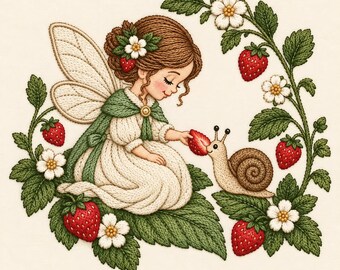 Strawberry Fairy Embroidery Design, Snail Garden Woodland Botanical Machine Pattern, Instant Download
