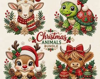 Christmas Animal Embroidery Bundle, Reindeer, Turtle, Fawn, Ornament (Digital File)