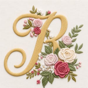 May include: An embroidered letter R in a golden yellow thread with a diagonal stitch pattern. The letter is decorated with a cluster of embroidered flowers in shades of light pink, dark pink, and cream, accompanied by green leaves and stems.