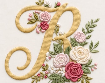 Floral Letter R Embroidery Design, Monogram Rose Alphabet, Botanical Initial (Digital Download)