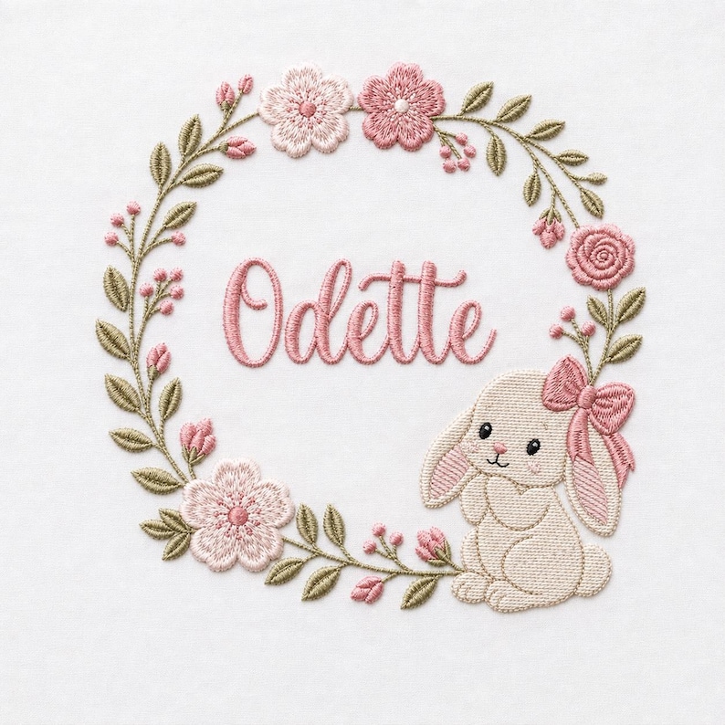 May include: An embroidery design on a white background featuring a circular wreath of green leaves and pink flowers. The name Odette is stitched in pink cursive script in the center. A small cream-colored rabbit with a pink bow sits at the bottom right.