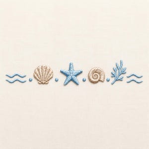 May include: An embroidery design featuring a horizontal row of nautical elements including blue wavy lines, a tan scallop shell, a blue starfish, a tan spiral seashell, and a blue coral branch, all separated by small blue dots on a cream fabric.