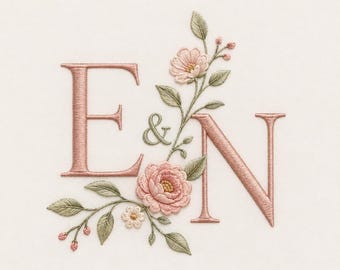 May include: An embroidery design featuring the letters E and N in a dusty rose serif font, separated by an ampersand. The letters are intertwined with detailed floral elements, including soft pink blossoms, small buds, and sage green leaves.