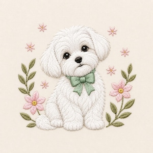 May include: An embroidery design featuring a fluffy white puppy with large dark eyes and a sage green bow around its neck. The puppy is surrounded by small pink flowers and green leafy stems on a plain off-white fabric background.