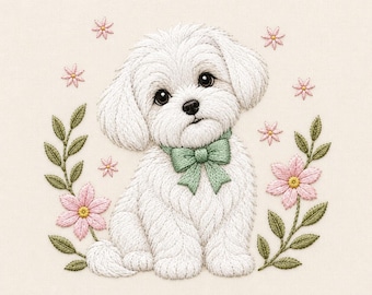 Maltese Puppy Embroidery Design, Floral Dog Machine File (Digital Download)