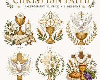 Ensemble de broderies sur le thème de la foi chrétienne, croix, colombe, communion, motifs bibliques à broder à la machine