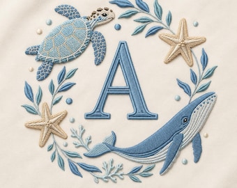 海のモノグラム刺繍デザイン、カメ、クジラ、ヒトデのアルファベットのミシン刺繍ファイル（デジタルダウンロード）