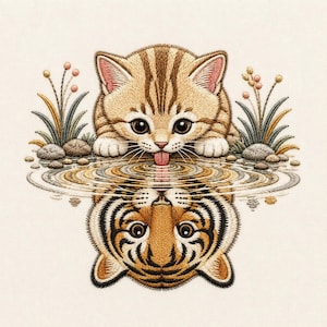 May include: An embroidery design featuring a light brown tabby kitten with large dark eyes and a pink tongue touching the water surface, creating ripples. The reflection in the water shows a tiger face with black stripes on orange fur.