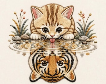 Cat Tiger Reflection Embroidery Design, Wild Animal Machine Embroidery Pattern, Nature Inspired Stitch File