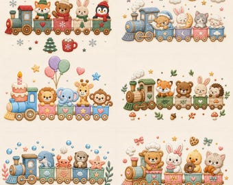 Christmas Animal Train Embroidery Bundle, Winter Animals Machine Embroidery Designs (Digital Download)