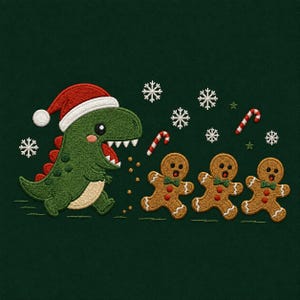May include: An embroidered design on a dark green background featuring a green dinosaur wearing a red and white Santa hat, chasing three brown gingerbread cookies. The scene includes white embroidered snowflakes and red and white candy canes.