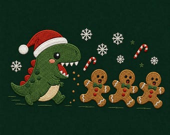 Diseño de bordado de dinosaurio navideño de pan de jengibre (descarga digital)