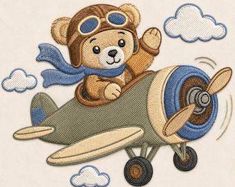 テディベアのパイロット飛行機刺繍デザイン、ビンテージ風パイロットベア、子供部屋用航空アート（デジタルダウンロード）
