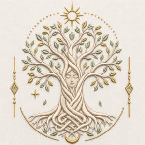 May include: An embroidery design featuring a central tree with a human face integrated into the trunk. The tree has intertwined roots and branches with gold and sage green leaves. A sun sits at the top, a crescent moon at the bottom, and vertical geometric accents flank the sides.