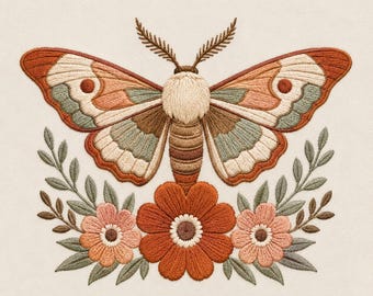 Vintage-Stickmuster mit Blumenmotiv und Schmetterling, Boho-Insekten-Blumenmuster (Digitale Datei)