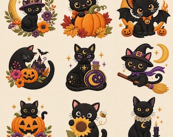 Black Cat Halloween Embroidery Bundle, 9 Spooky Witch and Pumpkin Machine Embroidery Designs