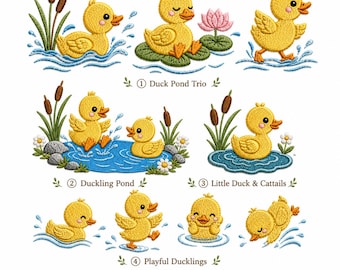 Duck Pond Embroidery Bundle, Cute Duckling Waterfowl Machine Embroidery Designs, Pond Animals Stitch Pattern Set