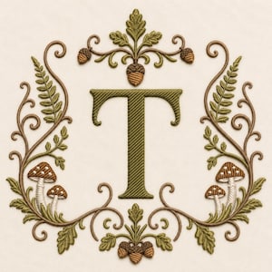 May include: An embroidered letter T in olive green, centered within a decorative frame of brown swirling vines, green fern leaves, brown acorns, and small mushrooms with white stalks and brown caps on a plain off-white fabric background.