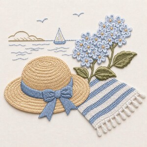 May include: An embroidery design featuring a tan straw hat with a blue ribbon bow, a blue and white striped towel with fringe, and a cluster of light blue hydrangea flowers. The background shows a stitched sailboat on water and two birds.