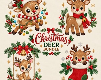 Christmas Reindeer Embroidery Bundle, 4 Festive Deer Designs (Digital File)