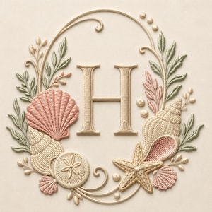 May include: An embroidered design featuring a central gold letter H surrounded by an oval wreath of sage green leaves, pink scallop shells, beige spiral seashells, a sand dollar, and a textured starfish on a light beige fabric background.