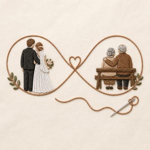 May include: An embroidery design featuring a brown thread infinity symbol. On the left, a bride and groom stand together. On the right, an elderly couple sits on a wooden bench. A small heart sits at the center, and a needle rests below.