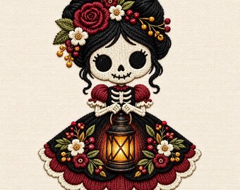Diseño de bordado de niña esqueleto de Halloween, muñeca calavera floral gótica sosteniendo una linterna, bordado a máquina de otoño espeluznante