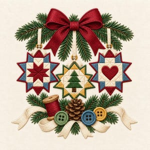 May include: An embroidered design featuring three star-shaped ornaments with quilt patterns, including a red star, a green tree, and a red heart. The ornaments hang from a large red bow and pine branches, with a spool, pinecone, and buttons below.
