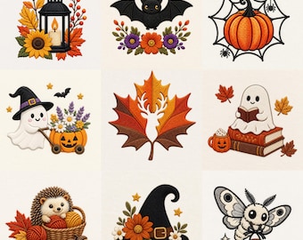 Halloween and Autumn Embroidery Bundle, Cute Ghost Bat Pumpkin Lantern and Fall Machine Embroidery Designs