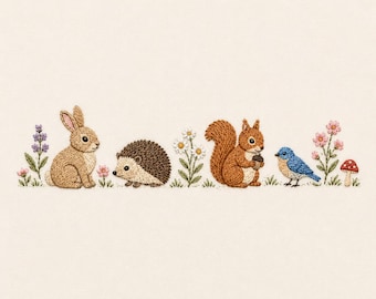 May include: An embroidery design featuring a tan rabbit, a brown hedgehog, a brown squirrel holding an acorn, and a blue bird. The animals are arranged in a row among embroidered white daisies, purple lavender, pink flowers, and a red mushroom.