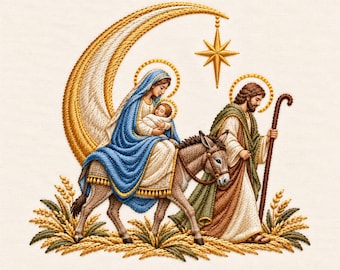Journey to Bethlehem Embroidery Design, Mary Joseph, Baby Jesus, Donkey, Star (Digital File)