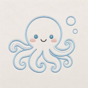 May include: An embroidered design of a light blue octopus with a rounded head, eight curled tentacles, and two small bubbles above. The octopus features dark blue eyes, a simple black curved mouth, and two small pink hatched cheek patches.
