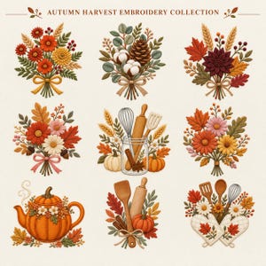 Könnte beinhalten: Eine Sammlung von neun herbstlichen Stickmotiven mit Blumensträußen, Weizen, Blättern, Tannenzapfen, Baumwolle, Kürbissen, Küchenutensilien wie Schneebesen und Nudelhölzern, einer kürbisförmigen Teekanne sowie Ofenhandschuhen mit Text.