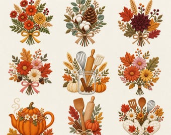 Pacchetto di ricami floreali autunnali per la cucina: zucche, utensili, bouquet (download digitale)