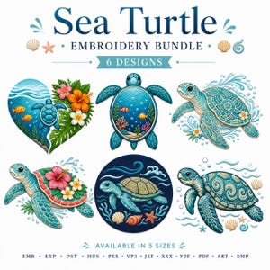以下が含まれることがあります： 6つのデザインを収録したSea Turtle刺繍バンドル。熱帯の花、サンゴ礁、海の波をあしらったウミガメのイラストが、青、緑、オレンジの色調で描かれています。テキストにはSea Turtle Embroidery Bundleと記載されています。