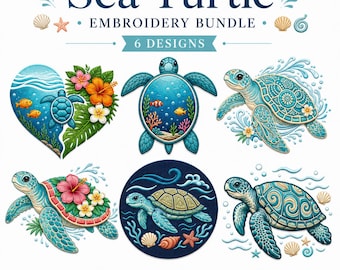 Sea Turtle Embroidery Bundle, 6 Tropical Ocean Designs (Digital Download)