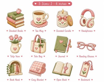 Cozy Reading Embroidery Bundle Books Tea Mug Journal Bookmark Machine Design Instant Download