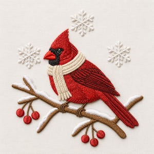 May include: An embroidery design featuring a bright red cardinal bird wearing a cream-colored scarf, perched on a brown branch covered in white snow. The branch includes small red berries, and three white snowflakes are stitched above the bird.