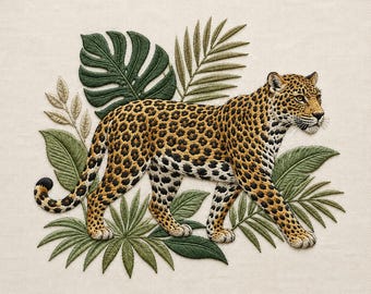 Leopard Jungle Embroidery Design, Tropical Machine Embroidery File (Digital Download)