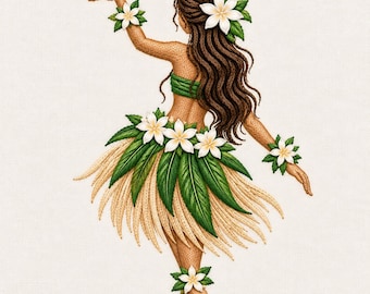 Tropical Hula Dancer Embroidery Design, Plumeria Flower, Grass Skirt (Digital File)