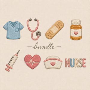 Puede incluir: Un conjunto de diseños de bordado que incluye una casaca médica azul claro, un estetoscopio rosa, una tirita beige, un frasco de medicina con un corazón, una jeringa, un corazón rojo con una línea de ECG, una cofia de enfermera y la palabra NURSE.