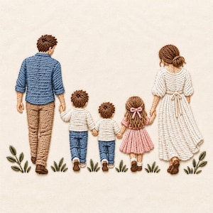 Peut inclure: Une broderie texturée représentant une famille de cinq personnes marchant. Les personnages incluent un adulte en chemise bleue et pantalon beige, deux enfants en chemise blanche et pantalon bleu, un enfant en robe rose et un adulte en robe blanche.