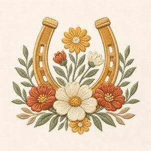 Pode incluir: Um design de bordado apresentando uma ferradura dourada atrás de um grupo de flores. O arranjo floral inclui grandes margaridas brancas, flores amarelas menores e pétalas cor de ferrugem, acentuadas por folhas e caules em verde sálvia.