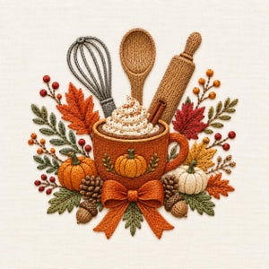 May include: An embroidery design featuring a central orange mug filled with whipped cream, surrounded by a whisk, wooden spoon, rolling pin, pumpkins, pinecones, acorns, red berries, and autumn leaves, all accented by a large orange bow.